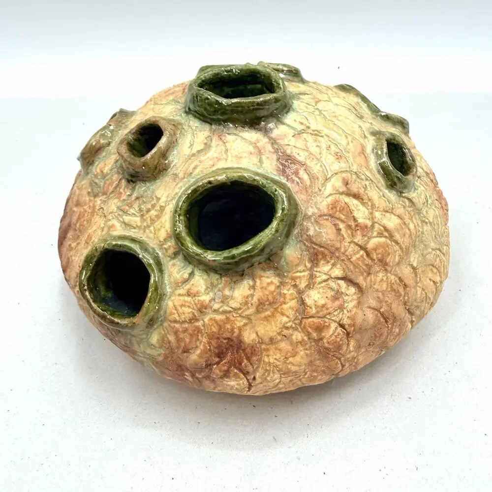Vintage Handmade Unique Studio Art Pottery Flower Frog Vase Signed Ruth Hamele